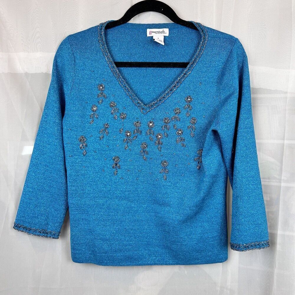 Vintage G'essentials silk blend metallic beaded holiday sweater sz Lg funky